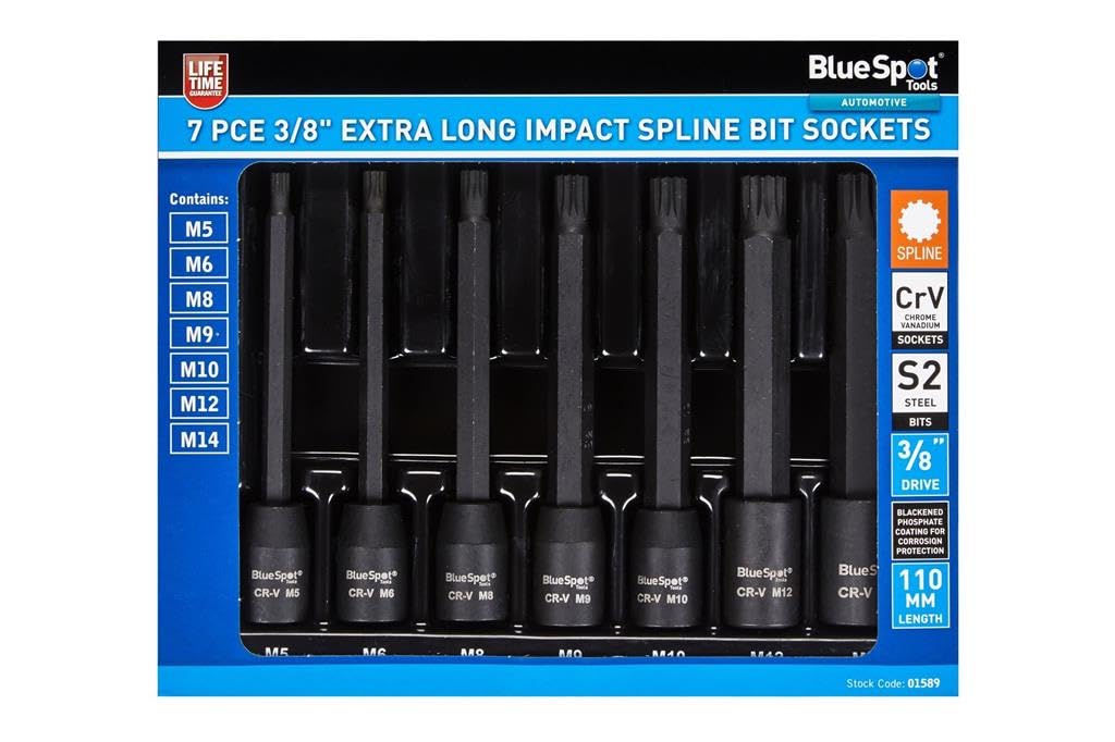 Blue Spot Tools 7PCE 3/8" Extra Long Impact Spline Bit Sockets (M5-M14)