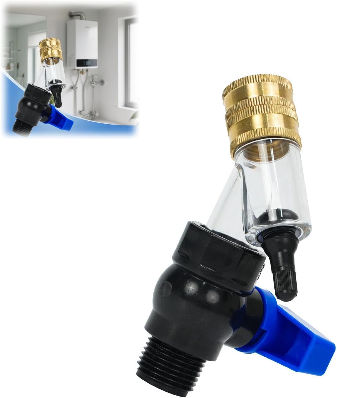 Water Heater Cleaner Flush Valve with Brass Connector and Clear Filter Chamber, Blue Handle, Sediment Drain Tool for Electric and Gas Water Heaters