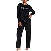 bebe Women's Velour Rhinestone Pajama Set, Long Sleeve Cozy Loungewear Valentines Gifts for Her