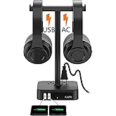 KAFRI Dual Headphone Stand with USB Charger Desk Gaming Double Headset Holder Hanger Rack with 2 USB Charging Port and 2 Outlet - Suitable for Gamer Desktop Table Game Earphone Accessories Gift
