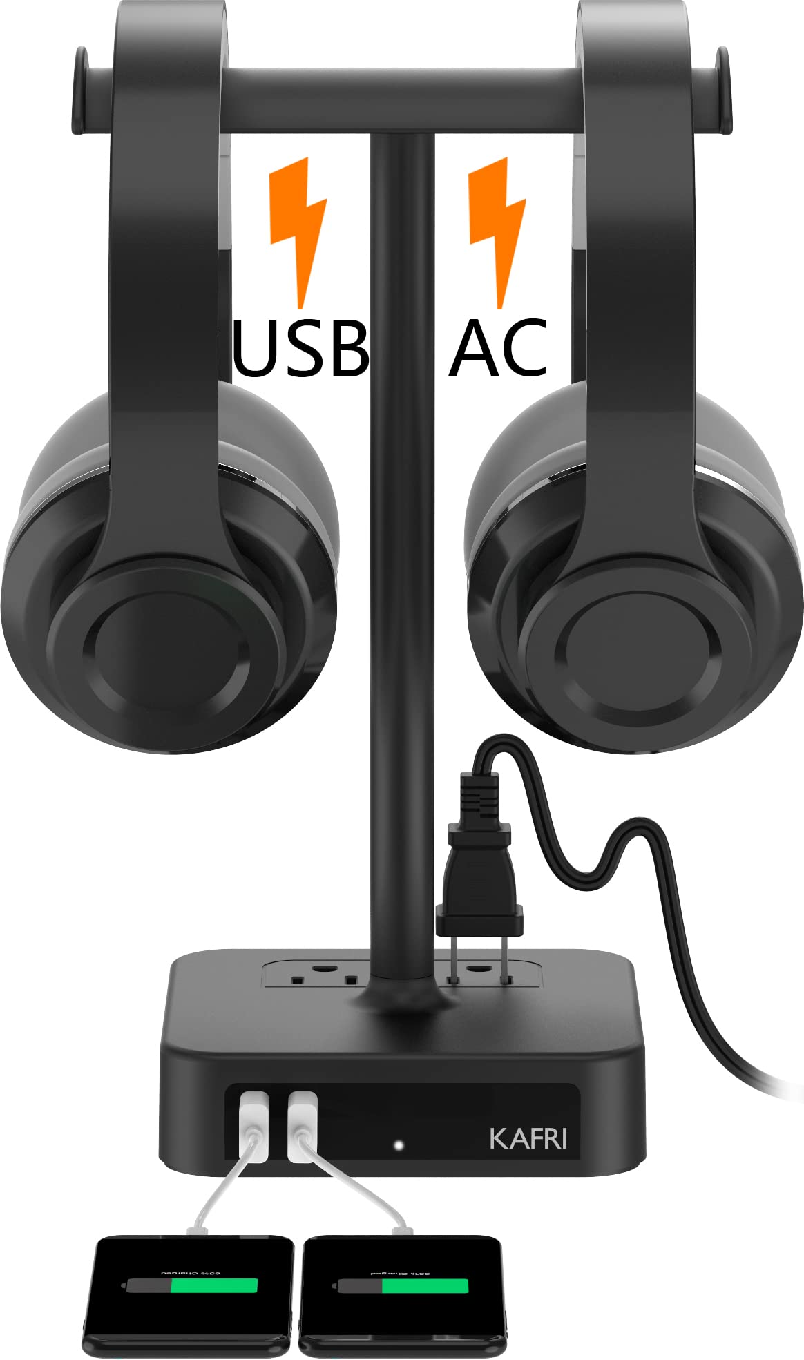 Photo 1 of KAFRI Dual Headphone Stand with USB Charger Desk Gaming Double Headset Holder Hanger Rack with 2 USB Charging Port and 2 Outlet - Suitable for Gamer Desktop Table Game Earphone Accessories Gift