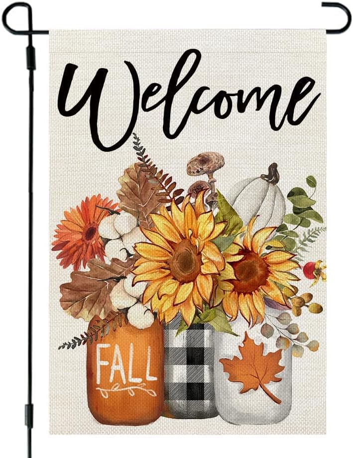 Flags - CROWNED BEAUTY Fall Garden Flag 12x18 Inch Double Sided Burlap for Outside Welcome Mason Jars Floral Small Seasonal Autumn Yard Decoration CF1035-12