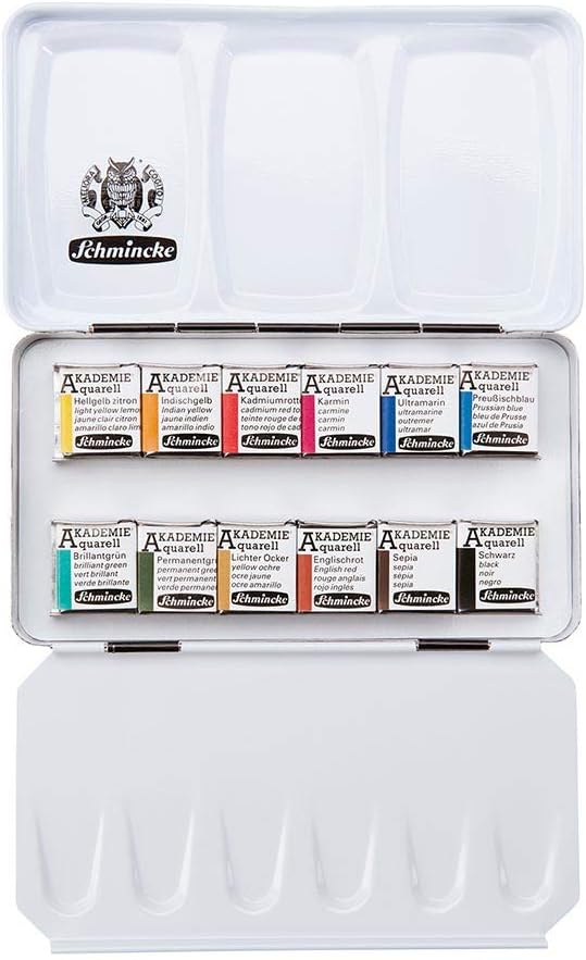 Schmincke, AKADEMIE®AQUARELL Watercolor compact color box, basic assortment 12 x 1/2 pans, 75 112 097, metal box