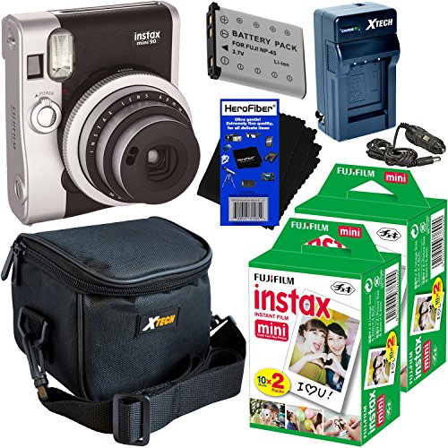 Fujifilm Instax Mini 90 Neo Classic Instant Film Camera (Black) + Instax Mini Instant Film (40 sheets) + NP-45A Battery & AC/DC Battery Charger + Xtech Camera Case + HeroFiber Gentle Cleaning Cloth