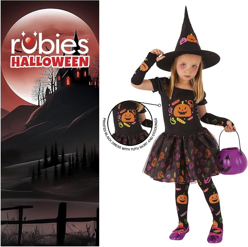 Disfarce de Bruxa Doce para rapariga, vestido de bruxa com mangas, meias e chapéu com desenhos de curgetes estampados, Original, Ideal para Halloween, Carnaval e Aniversários — foto 3 de 7