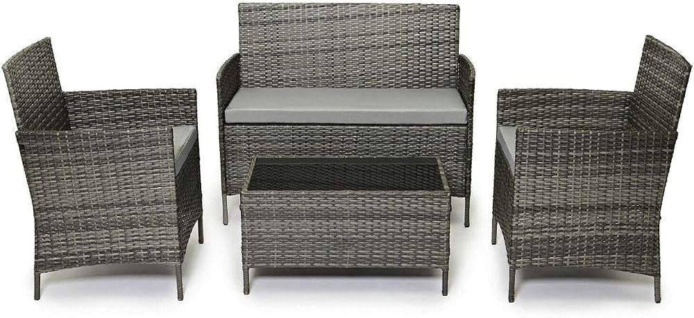 EVRE Grey Rattan Garden Set 4 Seater Coffee Table Cushions