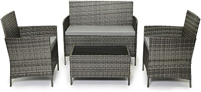 EVRE Grey Rattan Garden Set 4 Seater Coffee Table Cushions