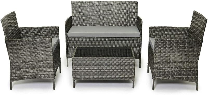 EVRE Grey Rattan Garden Set 4 Seater Coffee Table Cushions