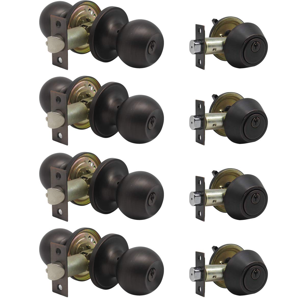 4 Pack Keyed Alike Entry Door Knobs and Single Cylinder Deadbolt Lock Combo Set Security for Entrance and Front Door with Classic Oil Rubbed Bronze Finish