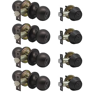 4 Pack Keyed Alike Entry Door Knobs and Single Cylinder Deadbolt Lock Combo Set Security for Entrance and Front Door with Classic Oil Rubbed Bronze Finish