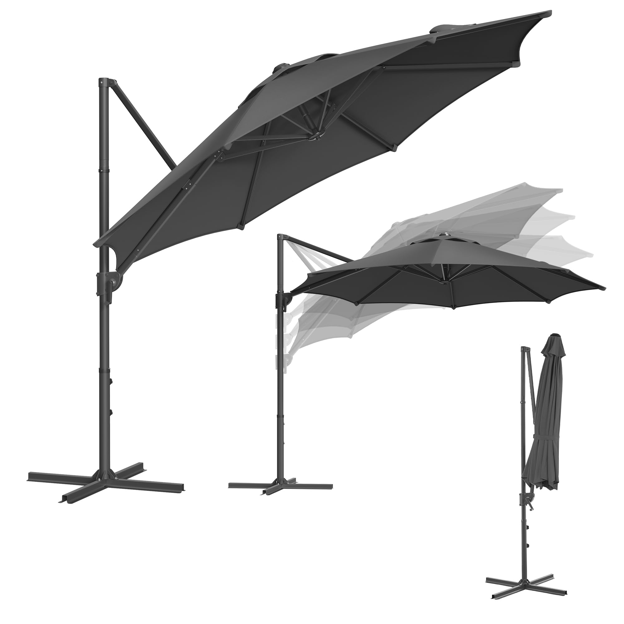 SONGMICS Sonnenschirm, Ampelschirm, 300 cm, UPF 50+, Gartenschirm, um 360° drehbar, Neigungswinkel stufenlos verstellbar, mit Kurbel, Kreuzfuß, grau GPU074G02