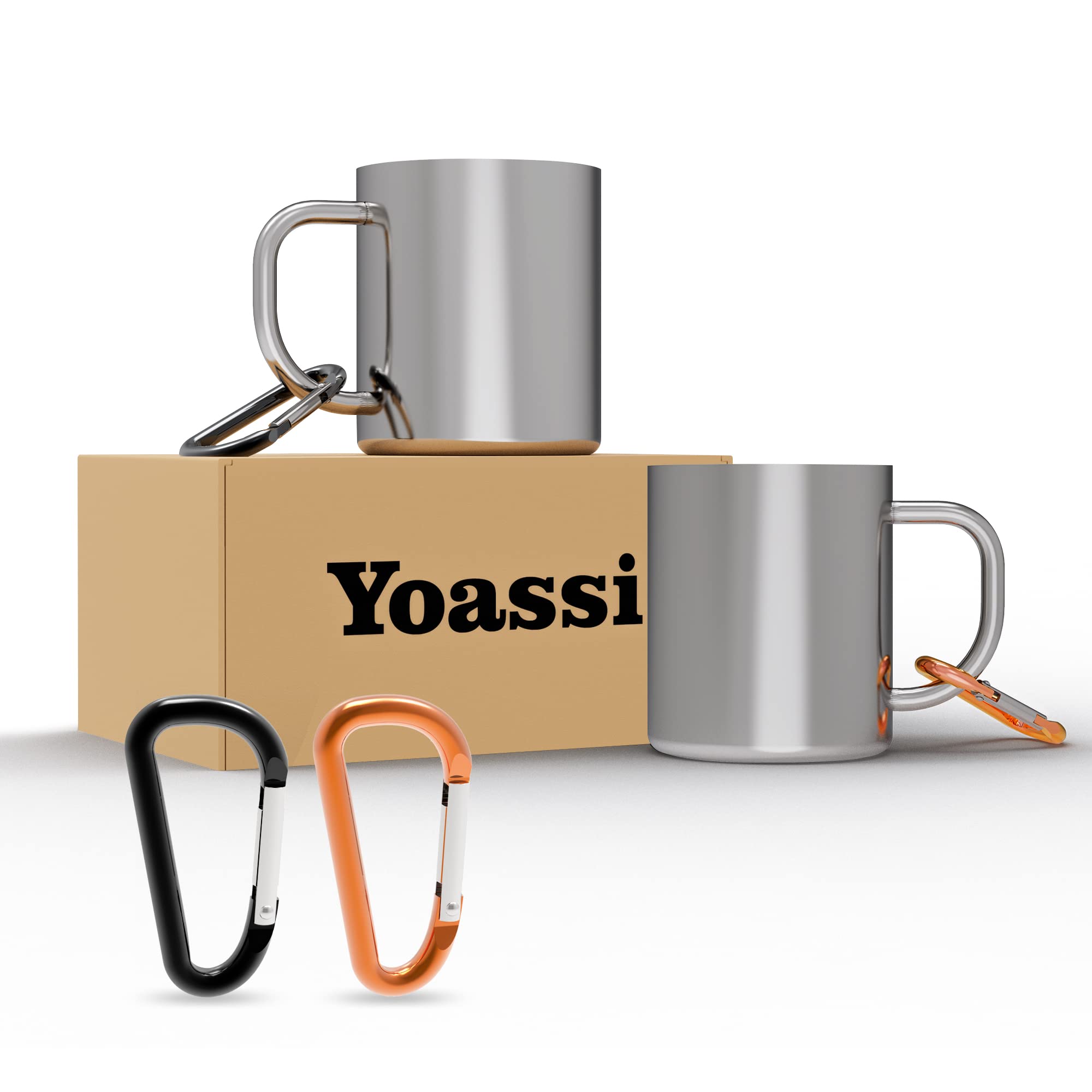 Yoassi Stainless Steel Camping Mug, 2pcs 300ml Double Wall Outdoor Mug with Carabiner, Insulated Mug, Tea Mug Coffee Mug for Travel Hiking Picnic