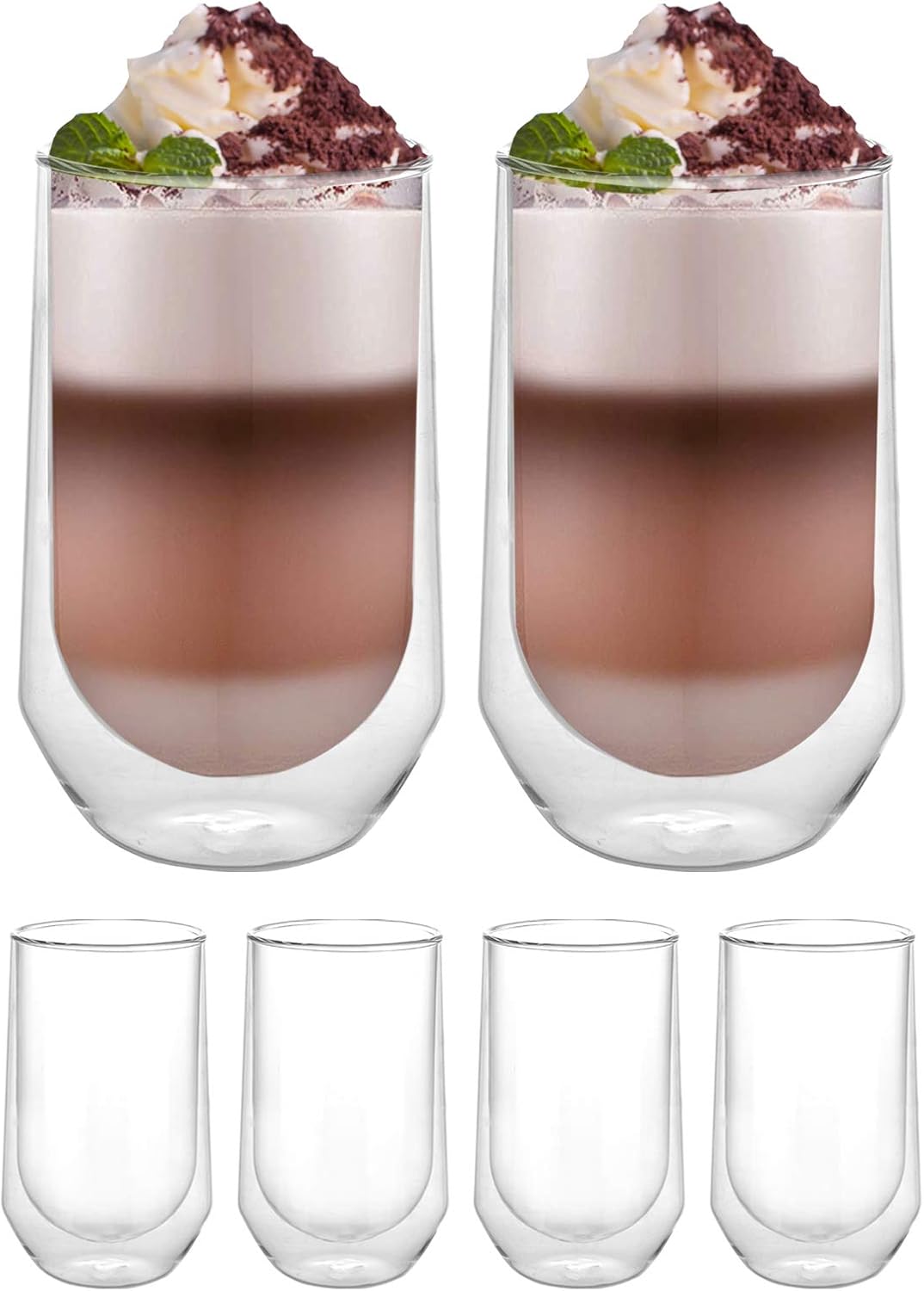 [6-Pack, 15Oz] DESIGN•MASTER - Premium Oval Double Wall Insulated Glass, Coffee or Tea Glass Mugs, Temperature Isolated Glass, Perfect for Latte, Cappuccino, Americano, Tea and Beverages