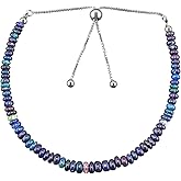 OdrillionGems Natural Ethiopian Opal Gemstone Bolo Bracelet, Black Crystals Beads, Rhodium Plated Jewelry, Adjustable Slider, Anniversary, for Women