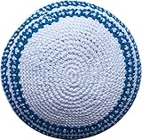 White / Sky Blue Lines 17cm DMC 100% Knitted Cotton Kippah Torah Chabad Yarmulke