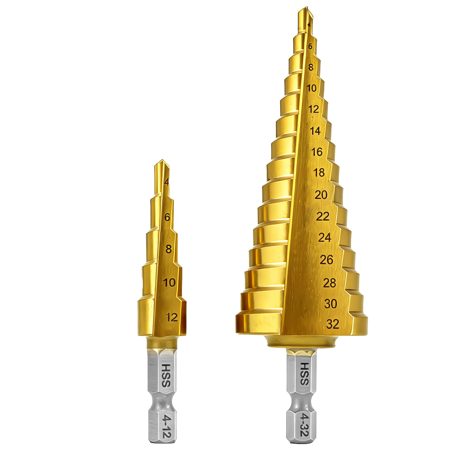 NORTOOLS Step Bits Set,2 PCS High Speed Steel TiN Coated Drills Cone Drill Bits with 1/4 inch Hex Shank Multi Hole Stepped Up Bits for Wood,，Metal,Stainless Steel,Carpenters DIY lovers