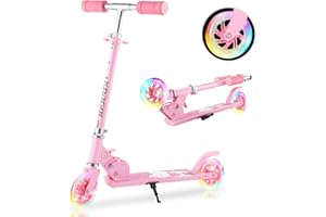 KORGOL Scooter for Kids Ages 3-12 - Kids Kick Scooters with Led Light Up Wheels & 3 Levels Adjustable Handlebar, Lightweight Foldable 2 Wheel Girly Pink Scooter Christmas Birthday for Girls Boys.