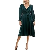 Taylor Women's Long Sleeve Satin Faux Wrap Midi Dress with Sash