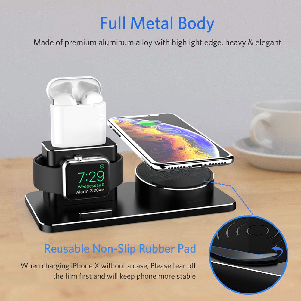 Awelbuy Charging Station for Apple Watch Aluminum Charging Stand Dock for iWatch Series 4/3/2/1, AirPods, 10W Wireless Charger Stand for iPhone X/XS/XR/Xs Max/8/8 Plus