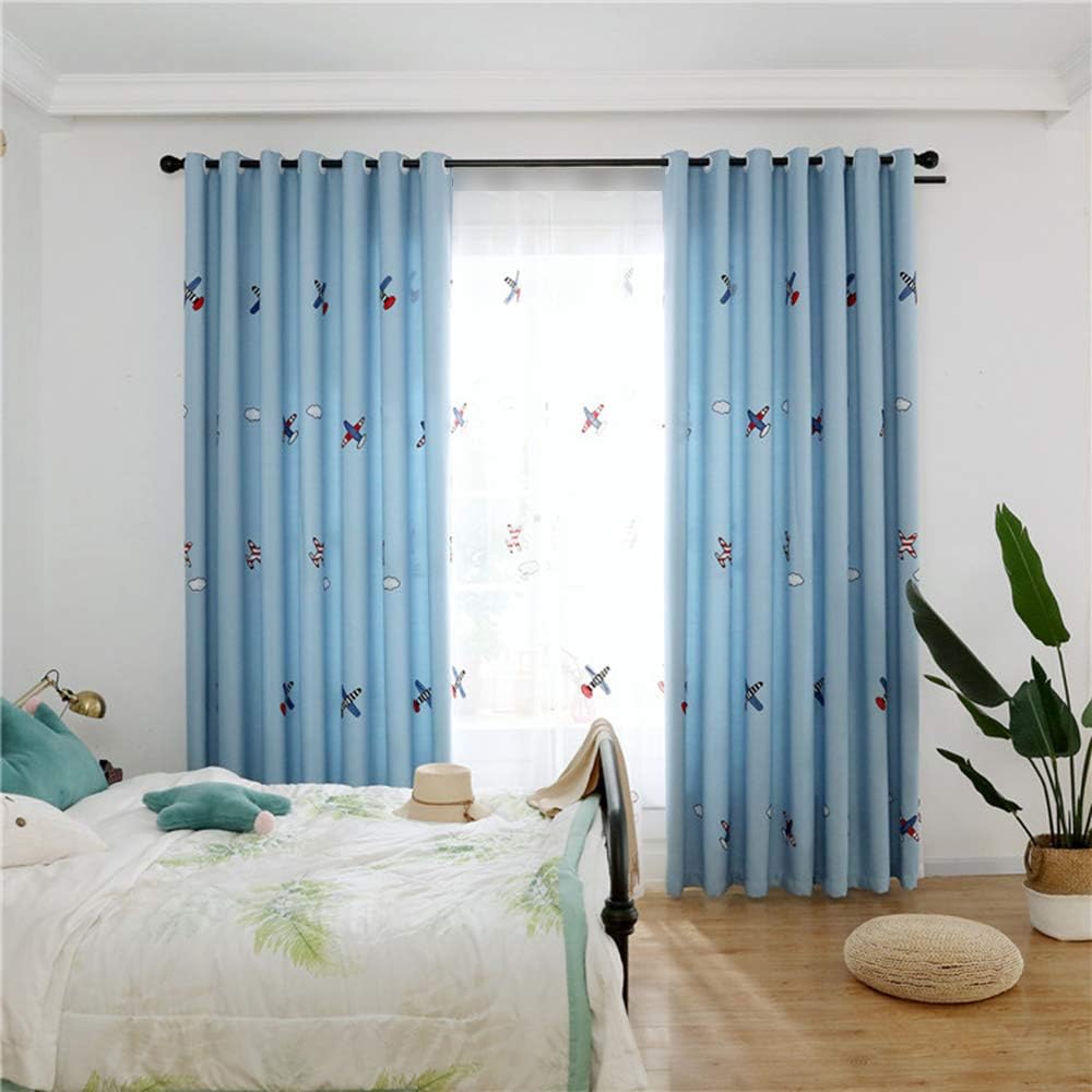 Modern Thermal Insulated Semi Blackout Blue Curtains for Kids Nursery Room Cartoon Embroidered Airplanes White Cloud Grommet Curtains and Draperies for Boys Bedroom 1 Panel W52 x H84 Inch