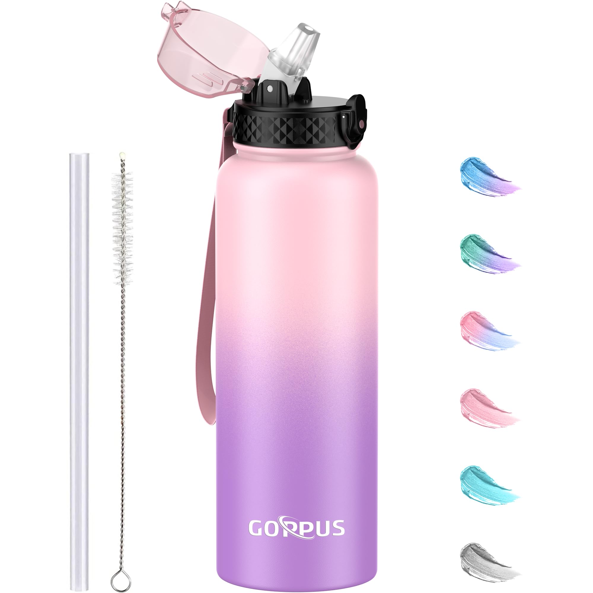 GOPPUS 1.2L/40oz Stainless Water Bottle with Straw Double Wall Insulated Bottles with Strap Large Vacuum Thermal Flask Leakproof Keep Cold Drinks Bottles with Flip Top Lid for Men Women BPA Free — image 1