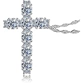 CannyCat Moissanite Cross Pendant Necklace for Women 4.0 mm 27 pieces 2.3 CTTW D-E-F color VVS Moissanite Cross Necklaces Platinum-Plated Sterling Silver 16+2” Chain Anniversary Womens Gift
