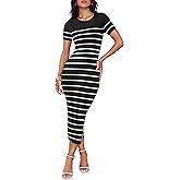 ZESICA Women's 2026 Summer Bodycon Midi Dress Striped Short Sleeve Ribbed Knit Slim Fit Side Slit Vacation Long Dresses