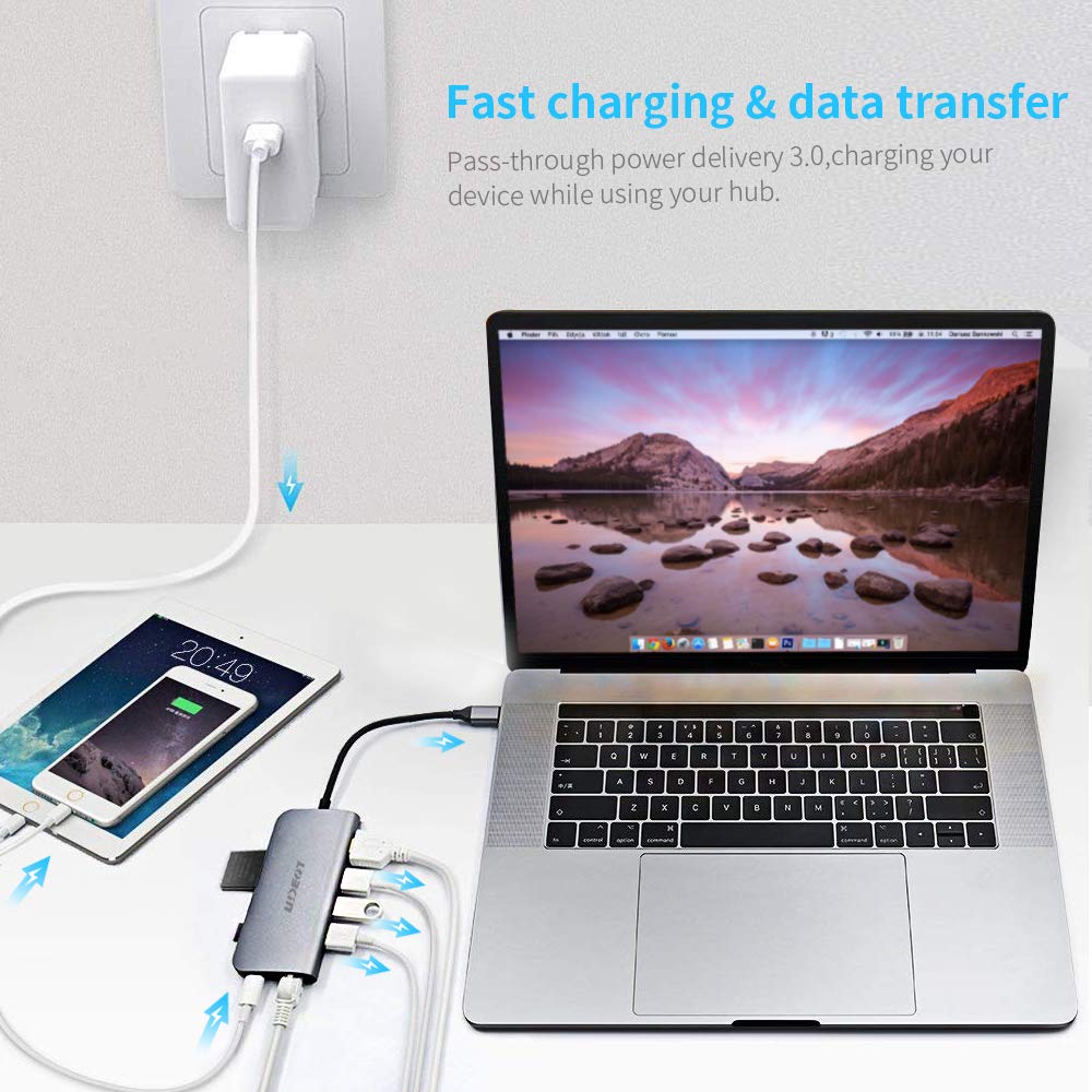 LOBKIN USB C Hub, 8 in 1 Typ-C Hub Adapter mit USB 3.0 Ports, USB C Port, Ethernet Port, 4K HDMI Anschluss, SD/TF Leser, Power Delivery Schnellladeanschluss für MacBook Pro und Typ-C Geräte