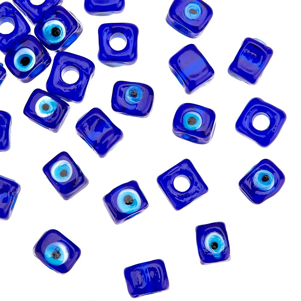 NBEADS 25 Pcs Blue Cube Lampwork Glass Evil Eye Beads, 8~9x9~10x9~10mm, Hole: 4.3mm, Handmade Turkish Evil Eye Spacer Beads for Bracelets Necklace Jewelry Making