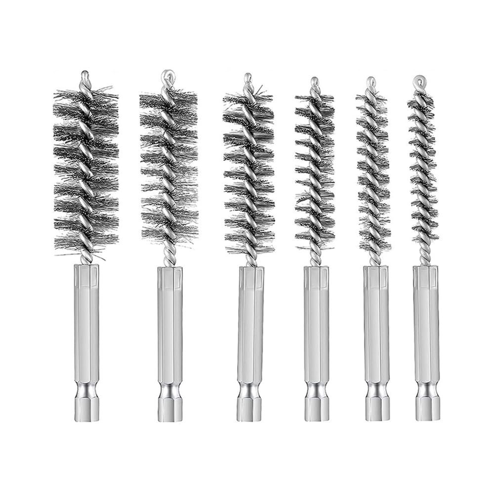 6 Pcs Bore Brush Set, Stainless Steel Bore Brush Bristles Wire Brush with 1/4 Inch Hex Shank, Wire Cleaning Brush Tool for Auto, Corrosion, Tubes Holes (Type A)