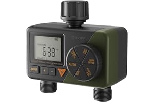 Diivoo Sprinkler Timer 2 Zone, Programmable Water Hose Timer 2 Outlet for Garden, Automatic Irrigation Timer IP54 with Rain Delay/Manual/Auto Mode, Outdoor Hose Timer Controller for Lawn Dark Green