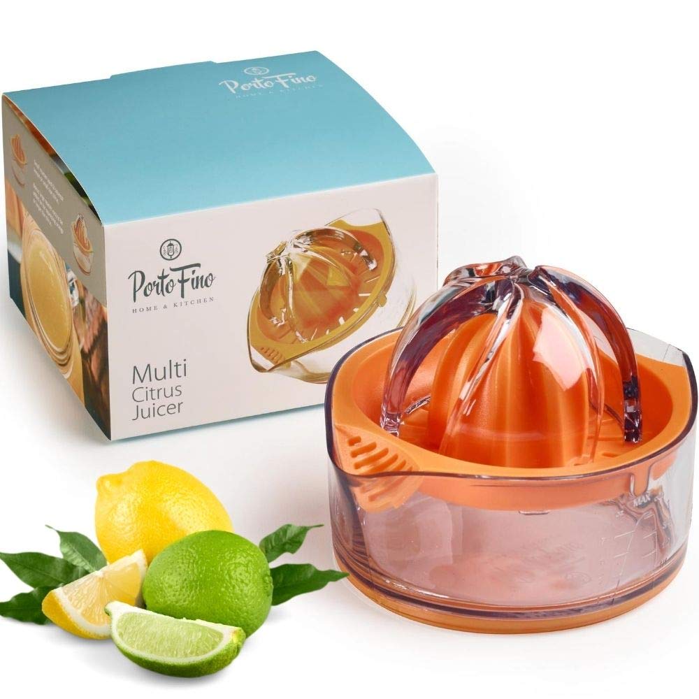 PortoFino Citrus Juicer, Lemon Squeezer, Orange Juicer, Manual Hand Juicer with Built-in Measuring Cup and Strainer, Space Saving Design, Pulp Control, Dishwasher Safe, 8oz