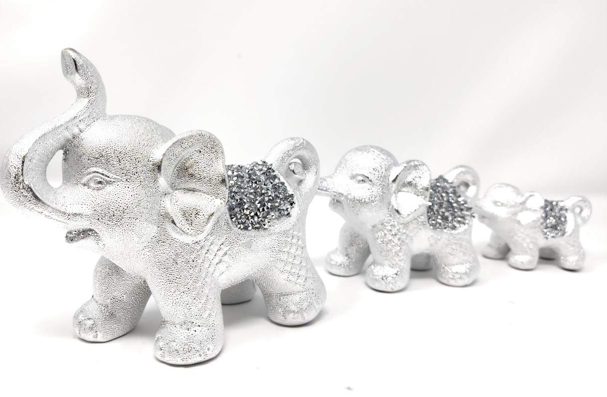 CRYSTAL CROWN Silver Sparkle Ornament Bling Crushed Diamond Gift | Pair of 3 Elephant row | Crushed Diamond Display | Gifts Present for all occasion,Home decoration