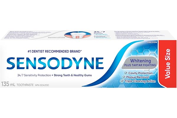Sensodyne Whitening & Tartar toothpaste, Strengthens Protects and Whitens Sensitive Teeth, 135 mL (Packaging May Vary)