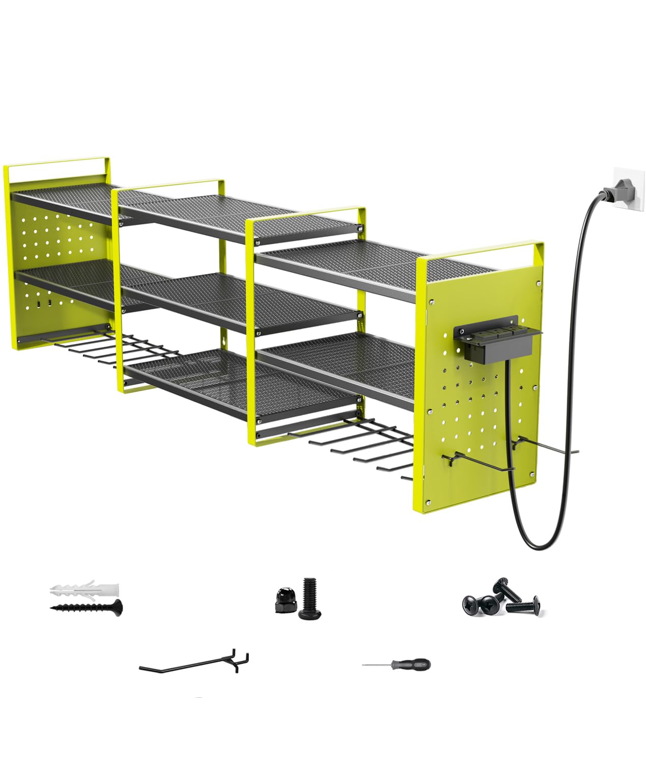 Photo 1 of Kweetle Heavy-Duty 48" Wall Mount Power Tool Organizer with Charging Station – 3-Tier Garage Organization Rack for Drills, Wrenches & Tools – Includes 16 Hooks & Pegboard Sides