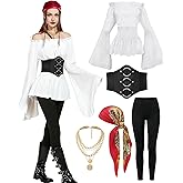 minkasic Women's Pirate Costumes Outfit with Accessories Renaissance Shirt Top Corset Belt Head Scarf