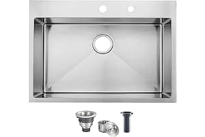 KINGO HOME 33 x 22 Inch Drop in Stainless Steel Kitchen Sink, Single Bowl 16 Gauge Top mount Sink Commercial Handmade 9 Inch Deep Kitchen Sinks Workstation Single Basin Brushed Satin Nickel