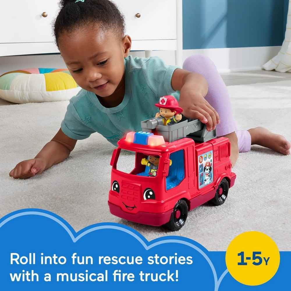 Fisher-Price Little People Toddler Toy Fire Truck Musical Push-Along Vehicle with 2 Figures for Pretend Play Ages 1+ Years