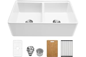 VEVOR 33x20 inch Farmhouse Sink, White Sink Workstation, Fireclay Undermount Basins, Apron Front Double Bowl Basin with Multi