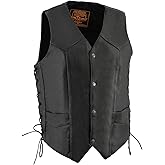 Milwaukee Leather LKM3731 Men's Black Leather Classic Side Lace V-Neck Motorcycle Rider Vest w/Front Snap Closure
