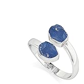 LUSTRE AND LIGHT Natural Raw/Rough Blue Sapphire 2 Stone Size Adjustable Stackable Twister Ring for Women in Sterling Silver, September Birthstone Jewelry Gifts for Her (Bezel-Set)