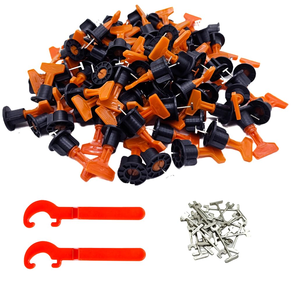 Aisamco Tile Leveling System Kit,100pcs Orange Reusable Tile Spacers,2 Special Wrenches,20 Spare T-pins,Reusable Tile Installation Tool Kit for Wall and Floor Ceramic Tile