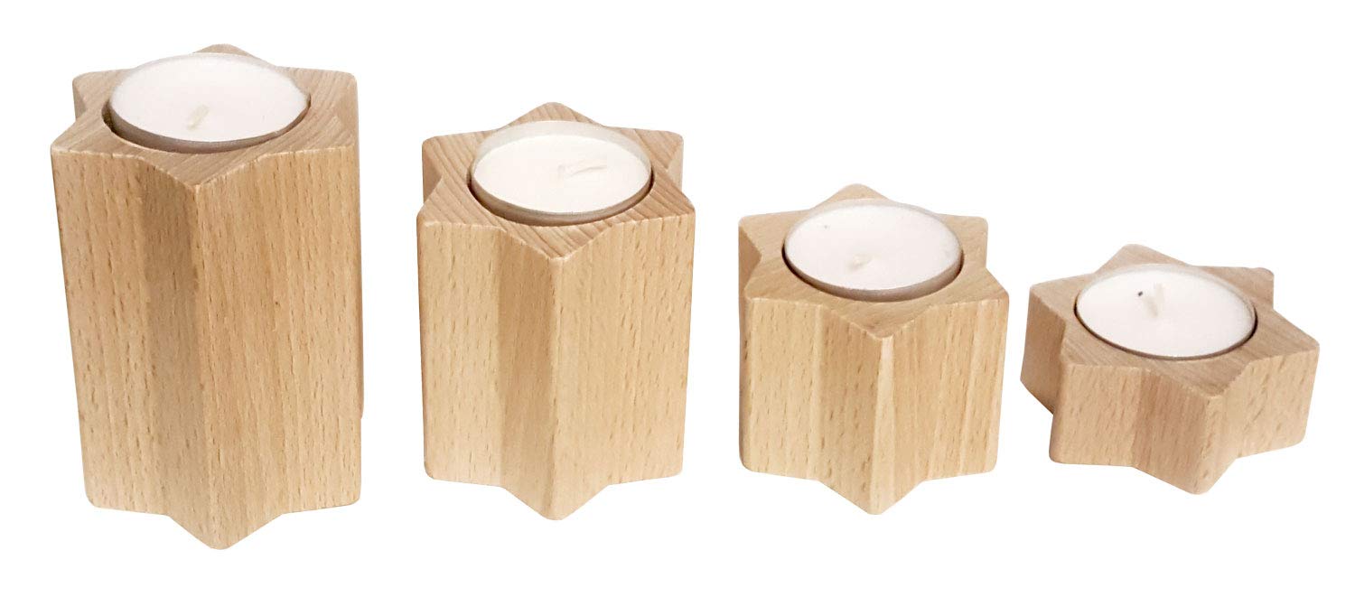 Hess Wooden Toy 40044 Tea Light Holder in Star Shape, Set of 4, Wood, Natural, Decoration for Special Occasions from the Ore Mountains