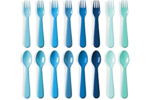 PLASKIDY 16 Pc Toddler Utensils Set Kids Utensils 8 Kids Spoons 8 Kids Forks BPA Free Dishwasher Safe Reusable Plastic Utensils for kids Bright Colors silverware Plastic Cutlery Set Children Flatware (BLUE)