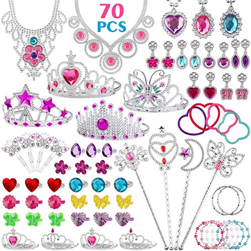 FittiDoll 70Pack Princess Pretend Jewelry Toy, Girl’s Jewelry Dress Up Play Set Included Princess Tiara Necklaces Wands Rings Earrings and Bracelets, Pretend Play Jewelry Set for Girls - Thumbnail 7