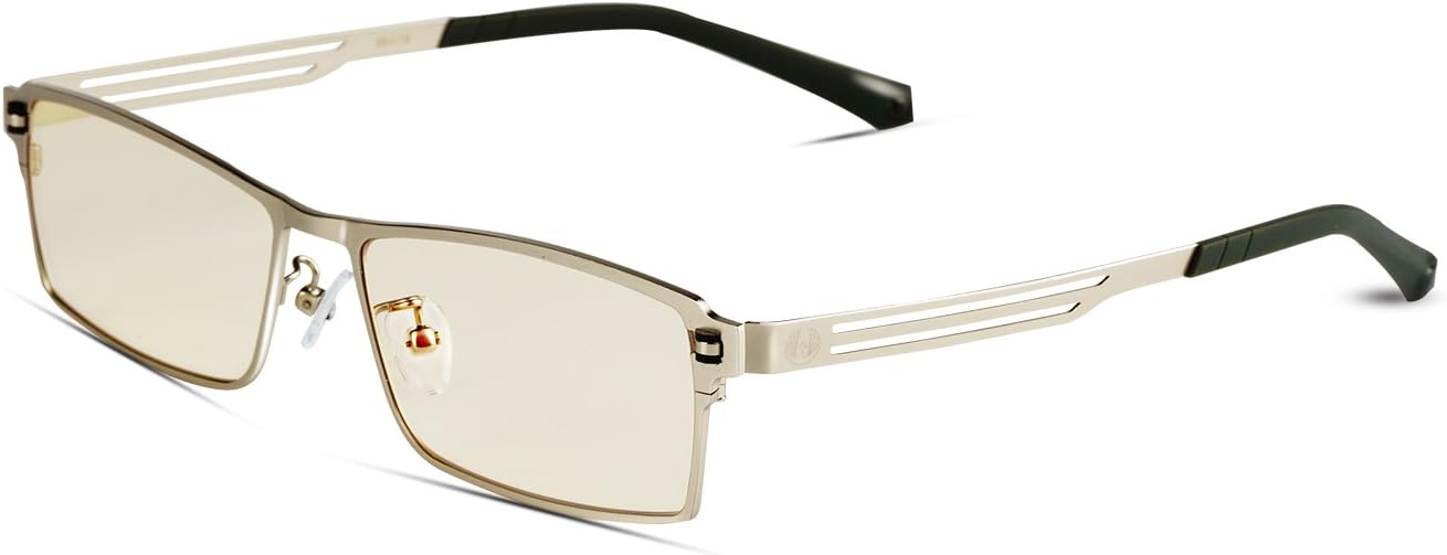 [Computer Eyewears] Pavoscreen Anti Harmful Glare UV Rays and Blue Light Full-Rim Advanced Video Gaming Glasses with Amber Lens Blue Ray Blocking Silver Reading Glasses