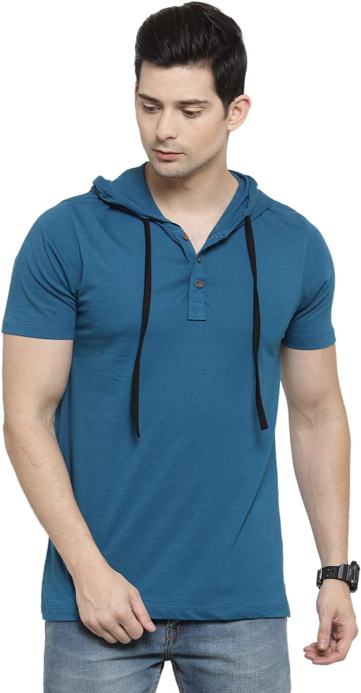 KaltMen's Half Sleeves Cotton Blend Hoodie (Teal)