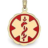 PicturesOnGold.com 14K Filled Gold Floral Curved Medical Charm W/Red Enamel - 3/4 Inch X 3/4 Inch with Engraving