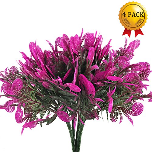 Nahuaa 4PCS Outdoor Fake Plants Artificial Shrubs Faux Plastic Pink Leaf Bushes Table Centerpieces Arrangements Home Kitchen Office Indoor Outside Planter Pot Spring Decorations - Thumbnail 7