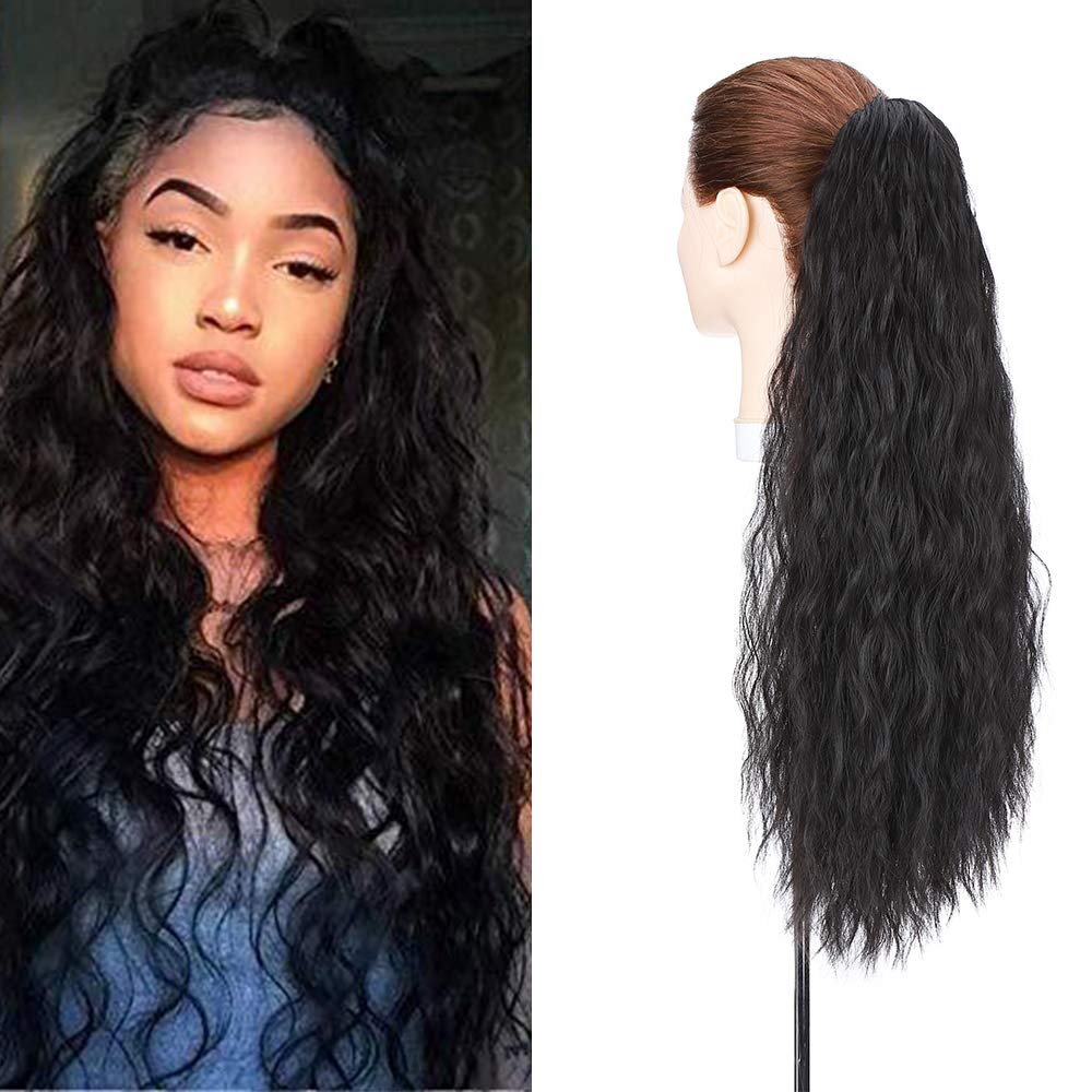24" Long Ponytail Extensions Yaki Synthetic Claw Clip in Pony Tails Corn Wave Ponytail Curly Hairpiece for Women Natural Black — image 1